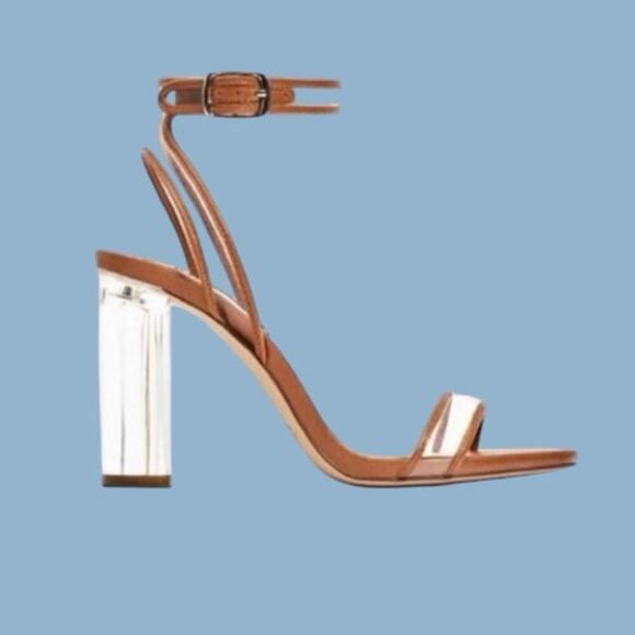 Zara lucite clear tan brown ankle strap block heels sandals size EU 39 US 8 - Picture 10 of 16